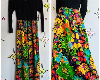 70s Psychedelic Floral Maxi Dress - Rainbow - Boho Fairy Grunge Witch - Small