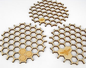 3x Wooden Coasters Honeycomb, Drinks Coasters, Housewarming Gift, Wedding Gift, Gift for Her MG000308