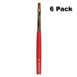 May include: A pack of six red handled flat paint brushes with gold ferrules. The brushes are labeled "Wooster Brush Co.". The text "6 Pack" is in the upper right corner of the image.