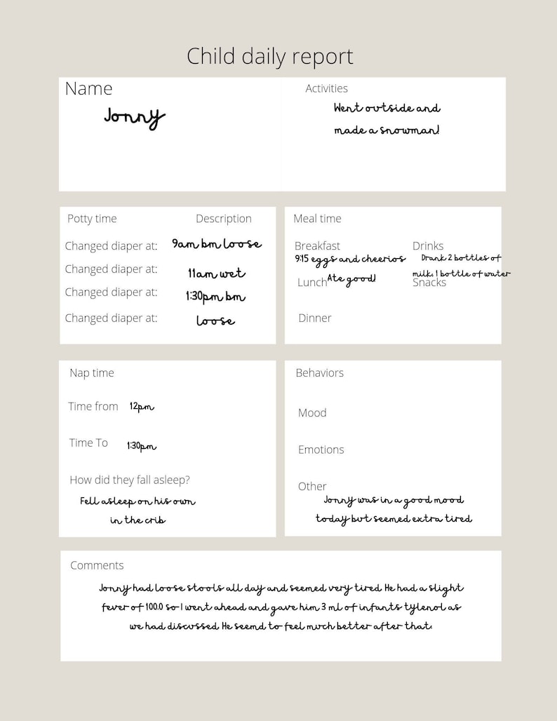 Childcare Daily Report Sheet Etsy