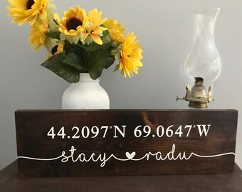 Custom wood &quot;couples sign&quot; with coordinates, wood decor, wedding, anniversary gift, name sign, personalized, housewarming, Christmas gift