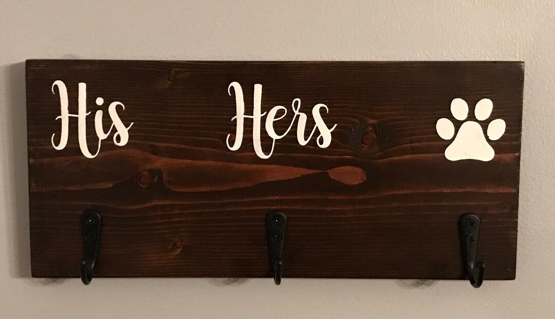His - Hers - Paw Print Wood Key Holder Sign With Hooks - Etsy