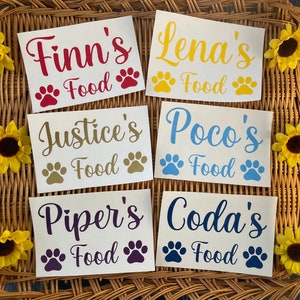 Personalized Pet food vinyl decals, name stickers for food containers.  Pet treat food stickers, custom dog cat decals