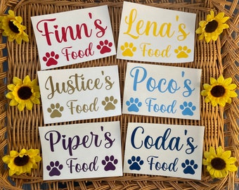 Personalized Pet food vinyl decals, name stickers for food containers.  Pet treat food stickers, custom dog cat decals