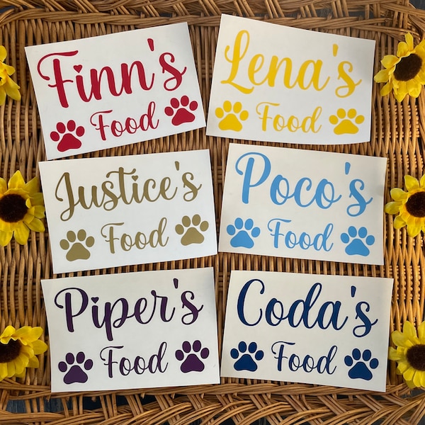 Personalized Pet food vinyl decals, name stickers for food containers.  Pet treat food stickers, custom dog cat decals