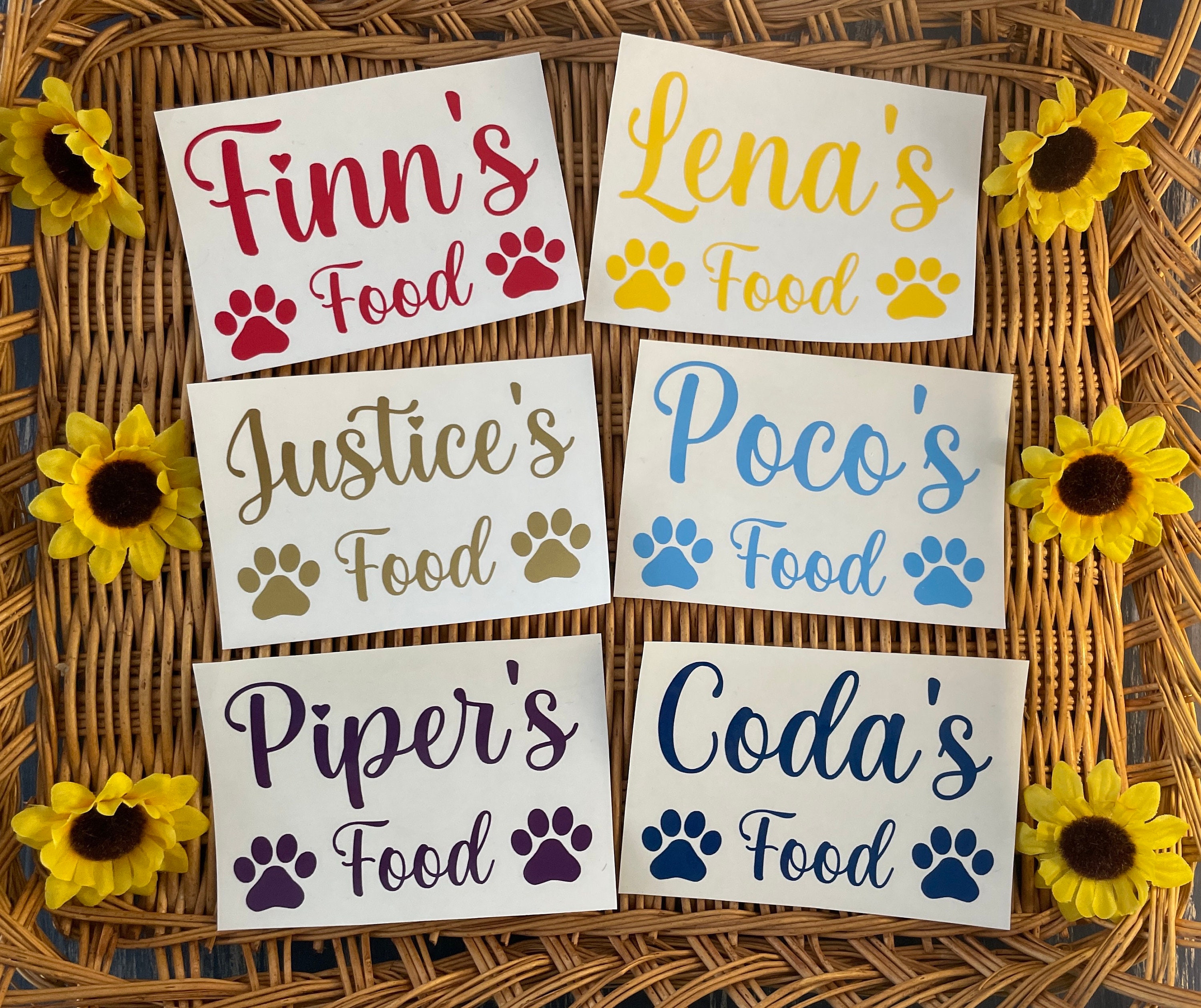 Personalized Pet food vinyl decals, name stickers for food containers.  Pet treat food stickers, custom dog cat decals
