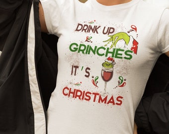 Drink Up Grinches - Unisex Heavy Cotton Tee.  Christmas Tshirt, Mens Tshirt, Womens Tshirt, Unisex, Grinch Draft