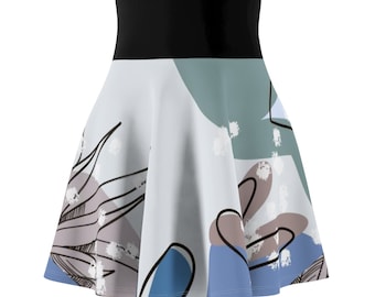 Women's Gray/Blue Hues Boho Skater Skirt With Black Waist