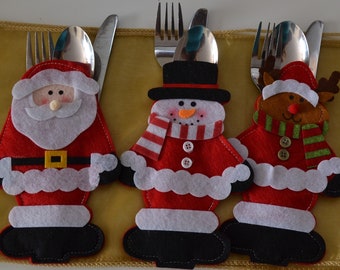 Christmas Table Decorations 2022 Cutlery Holders Snowman Reindeer and Santa Large Size 18cm x 11cm Novelty Christmas Decor  Free Delivery