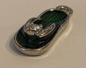 Emerald Green Enamel Flip Flop Charms: Silver Tone Rhinestone, 10pcs