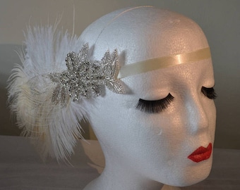 1920's Vintage Style Headpiece Silver & Diamante Ivory Feathers Head Flapper Great Gatsby Weddings Hats New Year's 1920's Party