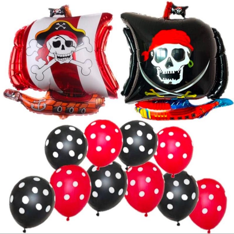 Piratfestballongset: Folieballong med skepp och prickiga ballonger (12 st) bild 2