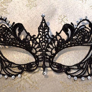 Black Masquerade Mask Diamante Black Satin Ties Halloween