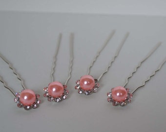 Pink Pearl Flower Hair Pins with Rhinestones - Bridal Set of 4