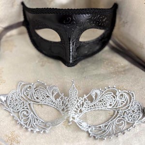Couples Black and Silver Masquerade Mask Set Men’s Black Mask with Women’s Silver Lace and Glass Diamantés Masked Balls Masquerade Party