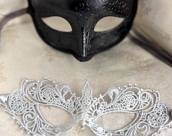 Couples Masquerade Mask Set: Black & Silver Lace Masks