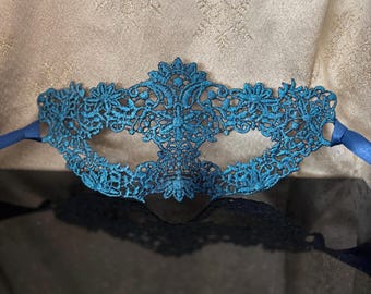 Blue Lace Masquerade Mask: Satin Ribbon Ties, Masquerade Ball, New Years Party