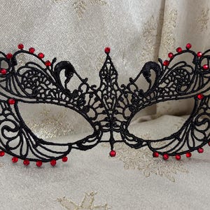Black Masquerade Mask Lace & Red Diamante Red Satin Ties Halloween Masquerade Ball, Weddings, New Year's 2025 Masked Balls, Christmas Party