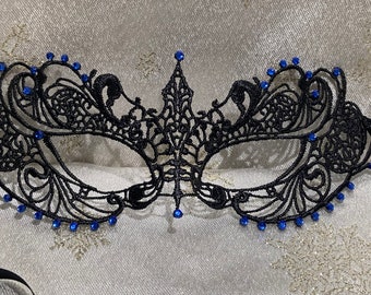 Black Lace Masquerade Mask: Blue Sapphire Diamante, Satin Ties