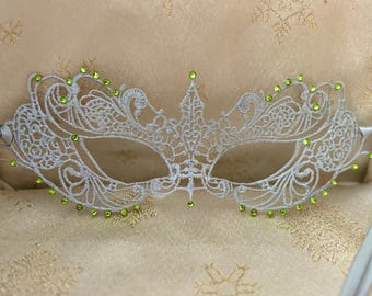 Silver and Green Lace Masquerade Mask: Peridot Glass Diamante Crystals Party Costume