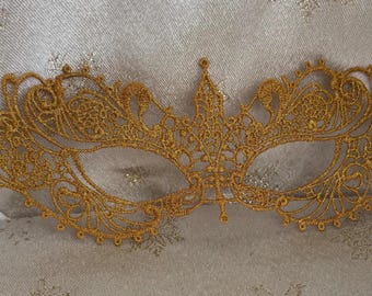 Gold Lace Masquerade Mask: Glitter Satin Ribbon, Party Ball Mask