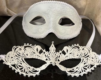 White Masquerade Masks Couples Set with Womens Lace Diamanté Masked Ball and Party Masks