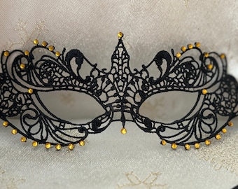 Black Lace Masquerade Mask: Gold Diamante Satin Ribbon, Party Ball