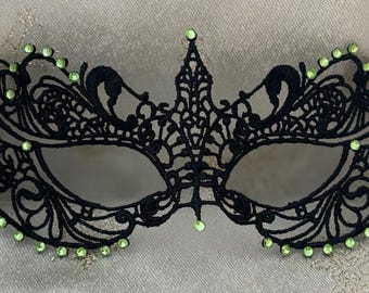 Black Lace Masquerade Mask: Peridot Green Diamantes, Satin Ties Masquerade Ball, New Years Party