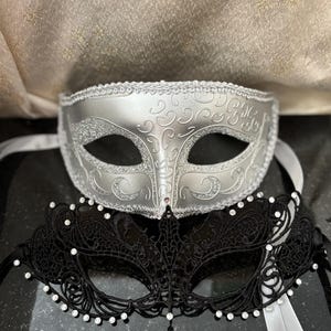 Couples Silver and Black Masquerade Mask Set Men’s Silver Mask with Women’s Black Lace and Glass Diamantés Masked Balls Masquerade Party