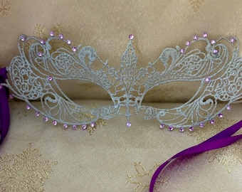 Silver Lace Masquerade Mask: Purple Diamantes, Venetian Ball