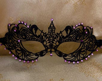 Black Lace Masquerade Mask: Purple Diamantes, Satin Ties