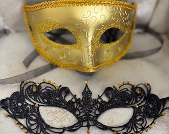 Couples Masquerade Masks: Gold Mask & Black Women Lace Diamante Masquerade Ball New Years 2026