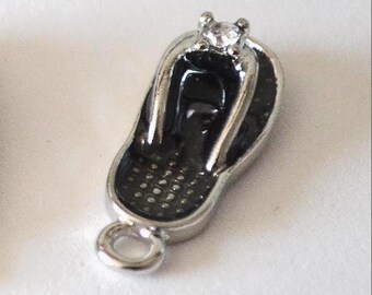 Flip Flop Charms: Black Enamel Silver Tone Rhinestone Summer x 10