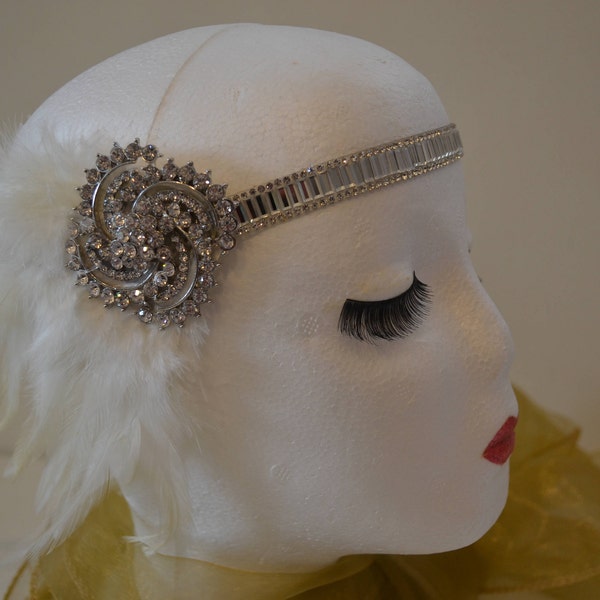 1920's Silver Headpiece White Feathers Handmade Vintage Style Great Gatsby Diamante Headband & Rhinestones Weddings Halloween Roaring 20's