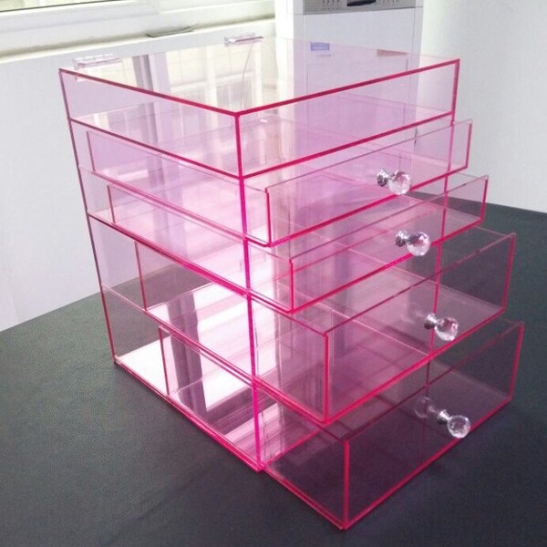 Limited Custom Premium Large Pink Acrylic Makeup Organizer with Crystal Knob