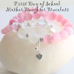 Mother Daughter Bracelet Set First Day of School Kindergarten Pink Heart Bracelet Set Mommy & Me Communion, Back to School Gift Set