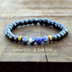 May include: A bracelet made of black hematite beads and blue sodalite beads with gold spacers. The bracelet has the text "Hematite & Sodalite Communication~Endurance" on the wooden surface below it.