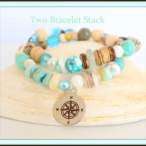 Woman's Beachy Boho Bracelet Compass Charm Girls Trip Vacation Gift Birthday Gift, Shell Ocean Woman's Beach Themed Cruise Ship Gift Idea