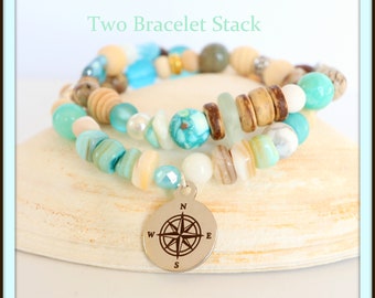 Woman's Beachy Boho Bracelet Compass Charm Girls Trip Vacation Gift Birthday Gift, Shell Ocean Woman's Beach Themed Cruise Ship Gift Idea