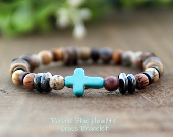 Mens Cross Bracelet Christian Catholic Wood bead bracelet Modern Earthy artistic cross jewelry men gift idea stretch bracelet religious wood