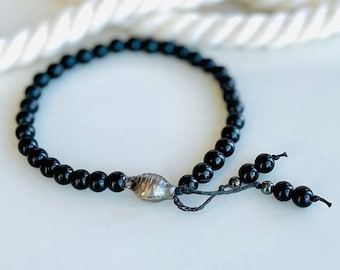 Fathers Day Mens Beaded Bracelet Black Stretch Bracelet for Men 6mm Onyx Silver African Trade Bead, Accent Gift for Him Boyfriend Son