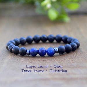 Men&#39;s Beaded Bracelet 6mm Matte Onyx Beaded Bracelet with Lapis Lazuli, Gemstone Beaded Stretch Bracelet Gift for Law Enforcement, Boyfriend