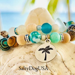 Boho Coastal Palm Tree Beaded Bracelet, Palmtree Charm Summer Cruise Jewelry for her, Beach Ocean themed Giftables, Gift for Girlfriend Mom