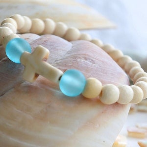 Girls White Cross Bead Bracelet, Religious Gift Sideways Cross Bracelet, Wood Beaded Cross Bracelet, Cross Bracelet Jewelry Woman&#39;s gift