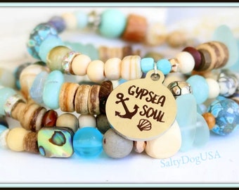 Seafoam Green Sea Glass Bead Bracelet, Boho Summer Charm, Gypsy Soul
