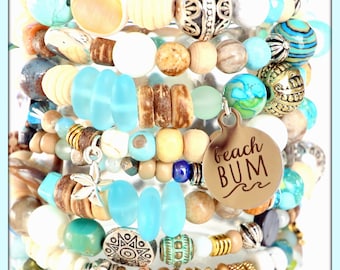 Beachy Boho Charm Bracelet, Sea Glass, Shell, Stretch Bracelet