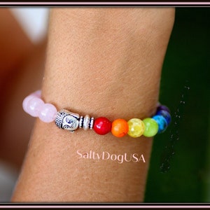 Woman&#39;s Pink 7 Chakra Energy Bracelet with Buddha Bead Yoga Bracelet, Chakra Jewelry,