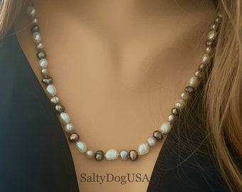 Womans Natural Cultured Freshwater Pearl Necklace Strand 16'' Hand Made Peacock Pearl Necklace Genuine Baroque Pearl Nugget Beads. Gift