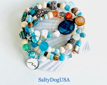 Beachy Boho Wave Charm Bracelet, Gemstone Stackable Bracelet, Handmade