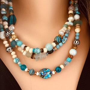 Beachy Boho Choker Necklace Blue Summer Jewelry Sea Glass Great Gift Idea for Ocean Lovers, Girls Trip Cruise Wear Beach Style Vacation gift